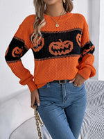 Pumpkin Round Neck Long Sleeve Sweater